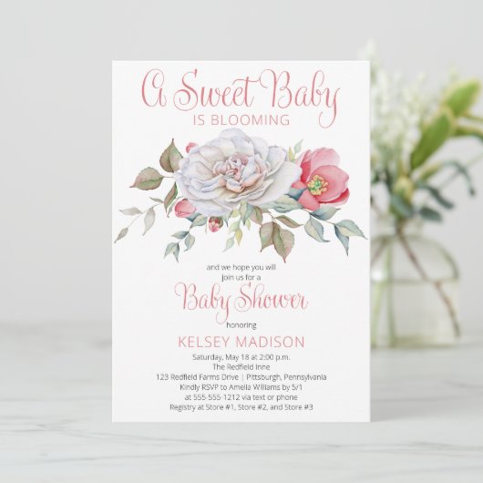甘いベビーがピンクの女の子の赤ちゃんシャワーを咲いている 招待状 (スタンド正面)