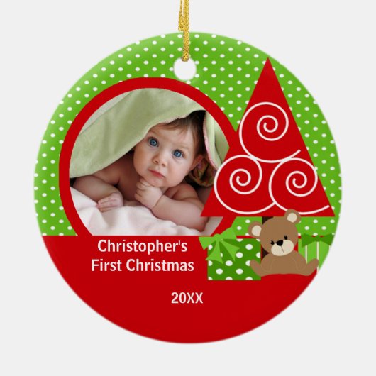 甘いベビーくまの男の子の写真の初めてのクリスマスのオーナメント セラミックオーナメント (裏面)