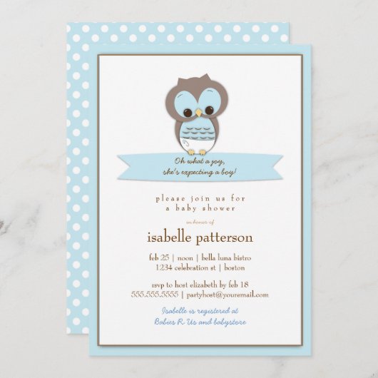 甘いベビーのフクロウそれは男の子のベビーシャワーの招待状です 招待状 (正面/裏面)