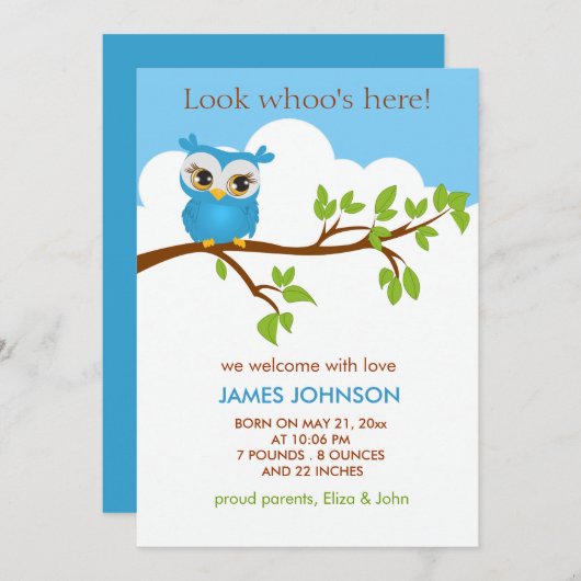 甘いベビーのフクロウの男の子の誕生の発表カード 案内状 (正面/裏面)