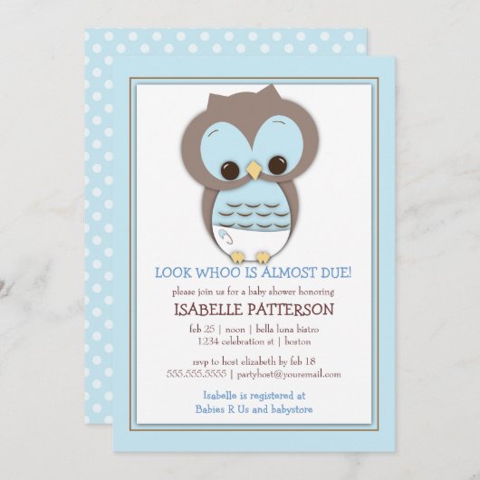 甘いベビーのフクロウの男の子のWhooベビーシャワーの招待状 招待状 (正面/裏面)