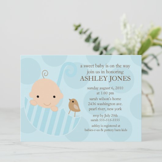 甘いベビーの傘の男の子のベビーシャワーの招待状 招待状 (スタンド正面)