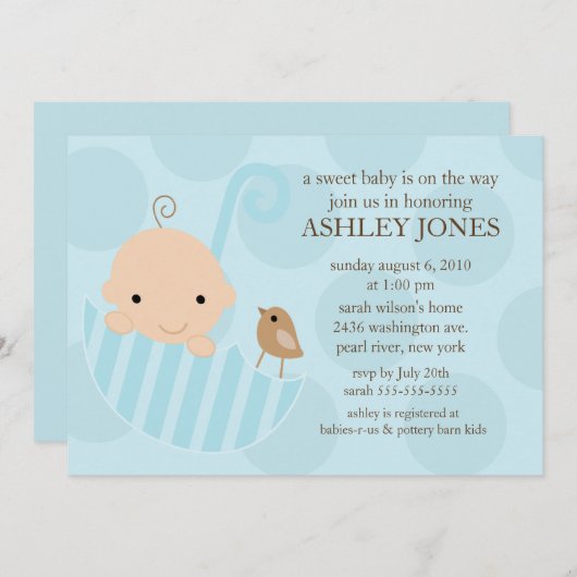 甘いベビーの傘の男の子のベビーシャワーの招待状 招待状 (正面/裏面)