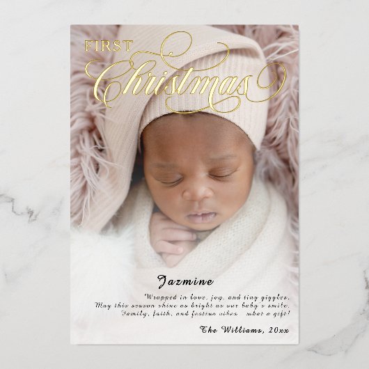 甘いベビーの初めてのクリスマスフォトスクリプト 箔シーズンカード (正面)