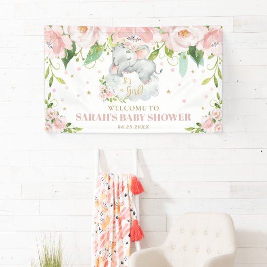 甘いベビーエレファントピンクフローラ背景ウェルカム 横断幕 (インサイチュ)