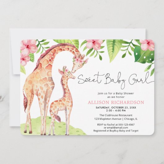 甘いベビーガールかわいいキリンのサファリの赤ちゃんシャワー 招待状 (正面)