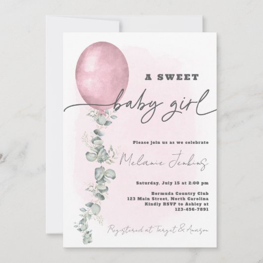 甘いベビーガールの赤ちゃんシャワー 招待状 (正面)
