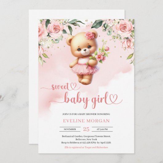甘いベビーガールウォーター色テディベア赤面フローラ 招待状 (正面/裏面)