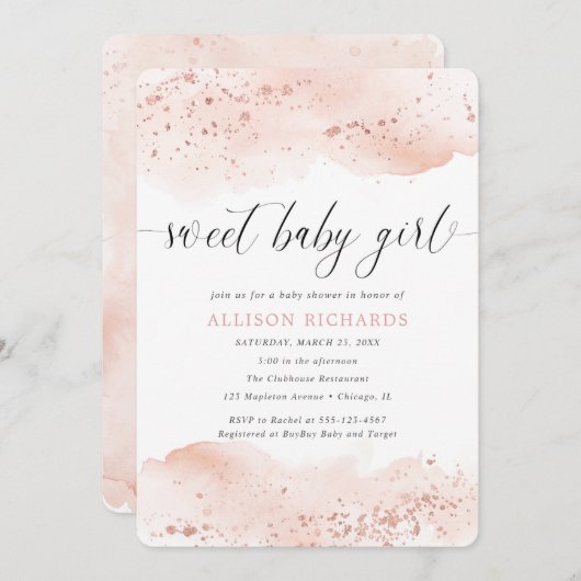 甘いベビーガールウォーター色バラ金ゴールド赤面ピンク 招待状 (正面/裏面)