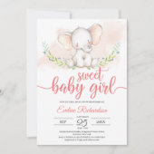 甘いベビーガールゾウと緑のベビーシャワー 招待状 (正面)