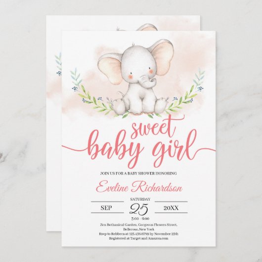 甘いベビーガールゾウと緑のベビーシャワー 招待状 (正面/裏面)