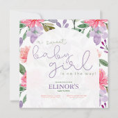 甘いベビーガールパープル&ピンクフローラベビーシャワー 招待状 (正面)