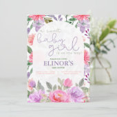 甘いベビーガールパープル&ピンクフローラベビーシャワー 招待状 (スタンド正面)