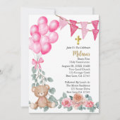 甘いベビーガールピンクバルーン最初の聖餐式 招待状 (正面)