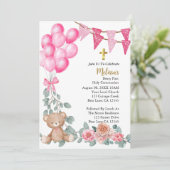甘いベビーガールピンクバルーン最初の聖餐式 招待状 (スタンド正面)