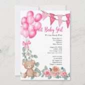甘いベビーガールピンクバルーン緑のベビーシャワー 招待状 (正面)