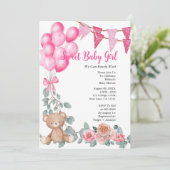 甘いベビーガールピンクバルーン緑のベビーシャワー 招待状 (スタンド正面)