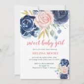 甘いベビーガールフローラネイビーブルーピンクのベビーシャワー 招待状 (正面)