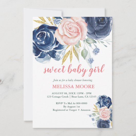 甘いベビーガールフローラネイビーブルーピンクのベビーシャワー 招待状 (正面)