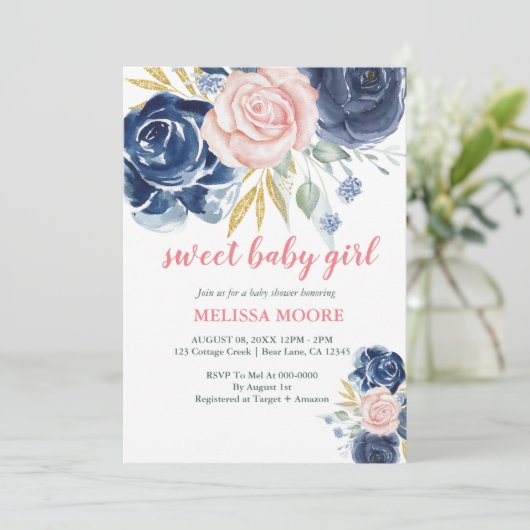 甘いベビーガールフローラネイビーブルーピンクのベビーシャワー 招待状 (スタンド正面)