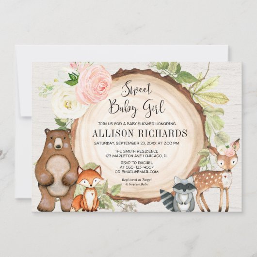 甘いベビーガールフローラ素朴なウッドランドの赤ちゃんシャワー 招待状 (正面)