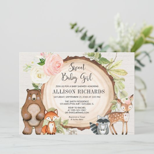 甘いベビーガールフローラ素朴なウッドランドの赤ちゃんシャワー 招待状 (スタンド正面)