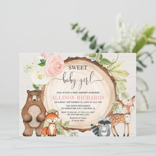 甘いベビーガール木版かわいい動物のベビースシャワー 招待状 (スタンド正面)