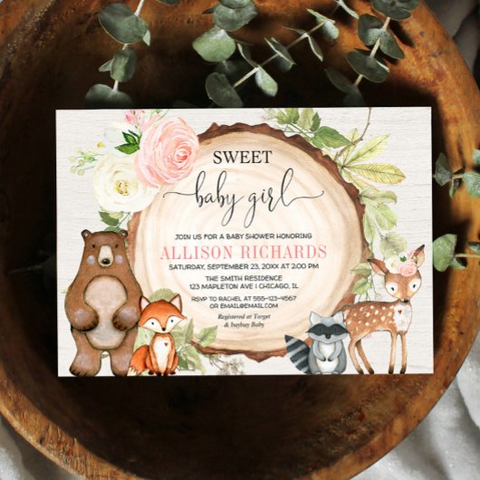 甘いベビーガール木版かわいい動物のベビースシャワー 招待状