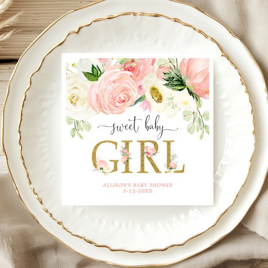 甘いベビーガール赤面ピンクのフローラベビーシャワー スタンダードランチョンナプキン
