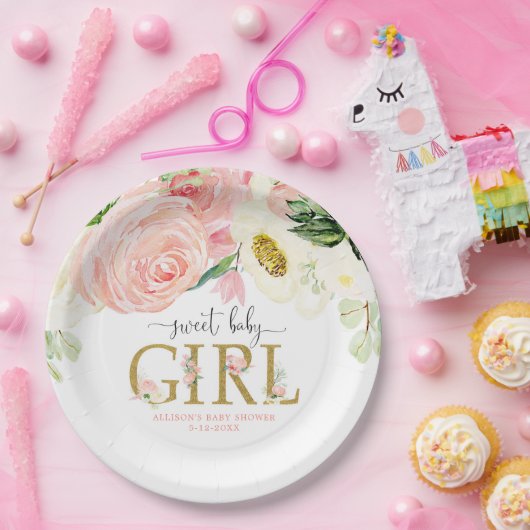 甘いベビーガール赤面ピンクのフローラベビーシャワー ペーパープレート (パーティー)