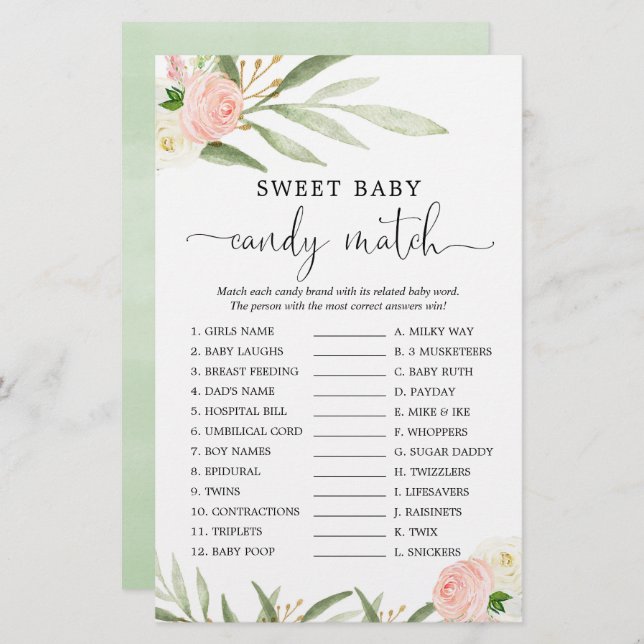 甘いベビーキャンディマッチのシャワーゲームピンクの緑 (正面/裏面)