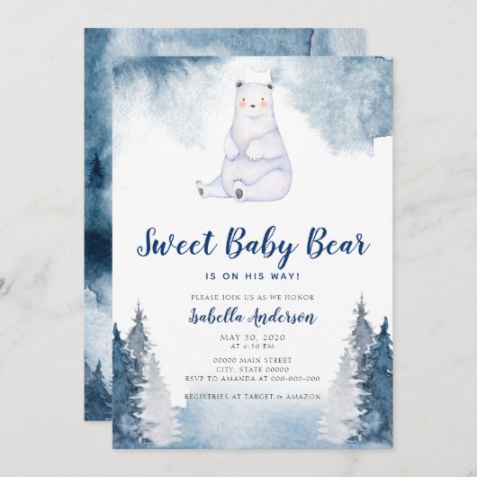 甘いベビークマ冬の雪の青い少年の赤ちゃんシャワー 招待状 (正面/裏面)