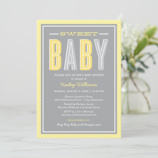 甘いベビーシック型イエローとグレーシャワー 招待状 (スタンド正面)