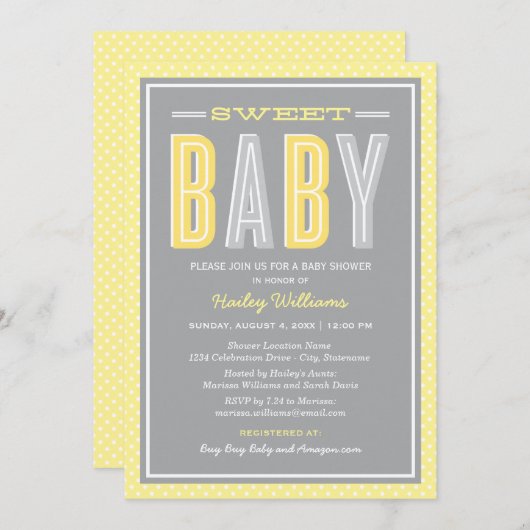 甘いベビーシック型イエローとグレーシャワー 招待状 (正面/裏面)