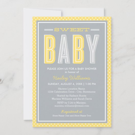 甘いベビーシック型黄と灰色のベビーシャワー 招待状 (正面)