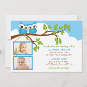 甘いベビーツインズフクロウ少年の写真誕生のお知らせ 案内状 (正面)