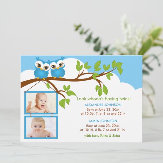 甘いベビーツインズフクロウ少年の写真誕生のお知らせ 案内状 (スタンド正面)