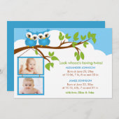 甘いベビーツインズフクロウ少年の写真誕生のお知らせ 案内状 (正面/裏面)