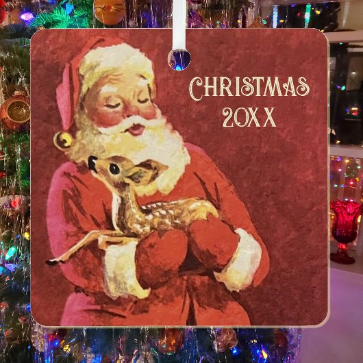 甘いベビートナカイSanta写真の追加ネームヴィンテージ メタルオーナメント