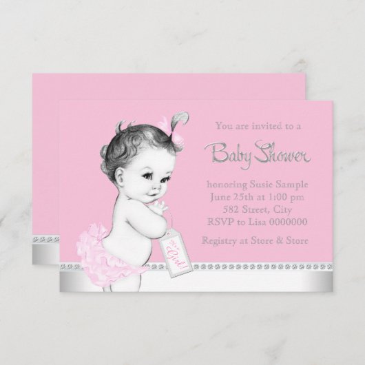 甘いベビーピンクとグレーのベビーシャワー 招待状 (正面/裏面)