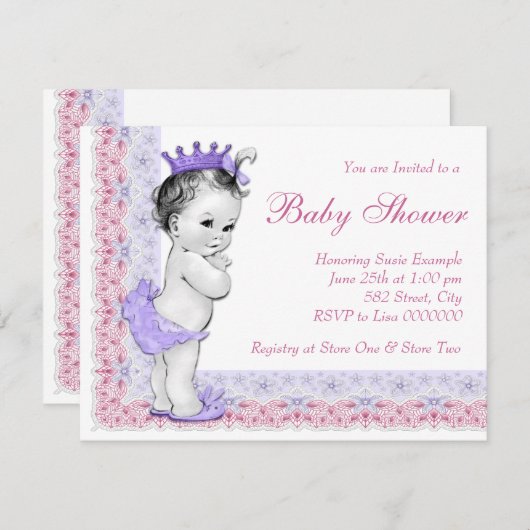 甘いベビーピンクと紫の赤ちゃんシャワー 招待状 (正面/裏面)