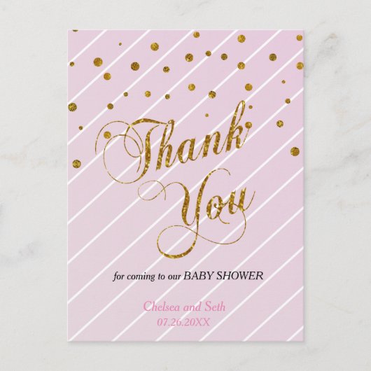 甘いベビーピンクと金ゴールド紙吹雪 – ありがとう ポストカード (正面)