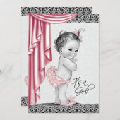 甘いベビーピンクと黒ベビーシャワー招待状 招待状 (正面/裏面)