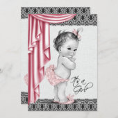 甘いベビーピンクと黒ベビーシャワー招待状 招待状 (正面/裏面)