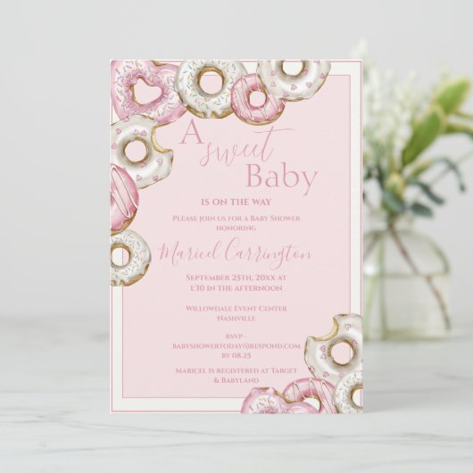 甘いベビーピンクのドーナツ水の色ベビーシャワー 招待状 (スタンド正面)