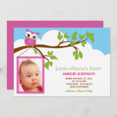 甘いベビーフクロウの女の子の写真の誕生のお知らせ 案内状 (正面/裏面)