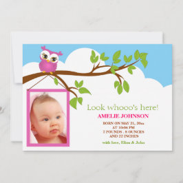甘いベビーフクロウの女の子の写真の誕生のお知らせ 案内状