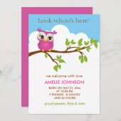 甘いベビーフクロウ女の子の誕生のお知らせカード 案内状 (正面/裏面)