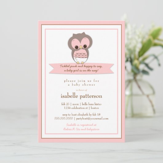 甘いベビーフクロウ女の子ベビーシャワー招待状 招待状 (スタンド正面)