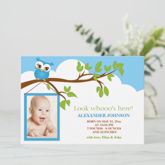 甘いベビーフクロウ少年の写真誕生のお知らせ 案内状 (スタンド正面)